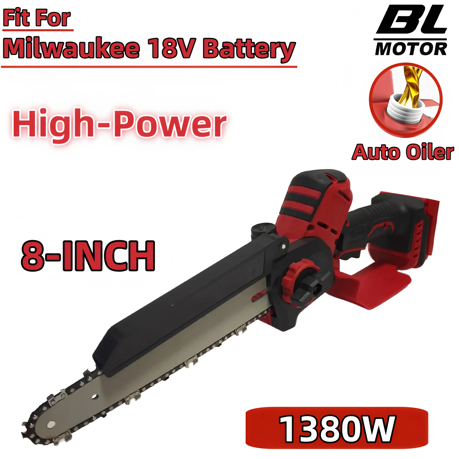 1380W High-Power Brushless 8 Inch Chainsaw Auto Oiler Electric One Click Adjust Chain Saw Power Tools For Milwaukee 18V Battery