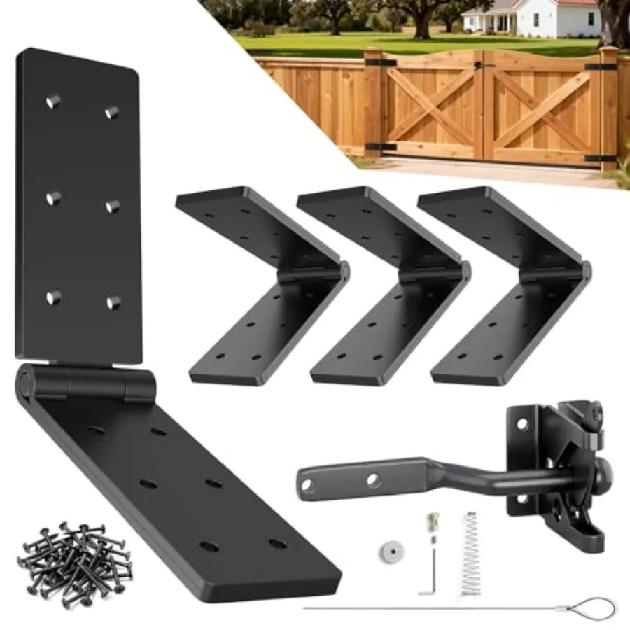 

Heavy Duty Gate Hinges, 70° Solid Double Layer Folding Butt Hinges, Self Locking Gate Latch for Wooden Fence, Heavy Plywood, Ba