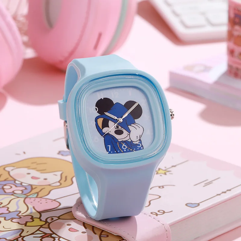 Fashion Blue Mickey Children Watches for Boy Pink Large Square Dial Minnie Women Girls Watch for Kids Students Quartz Clock