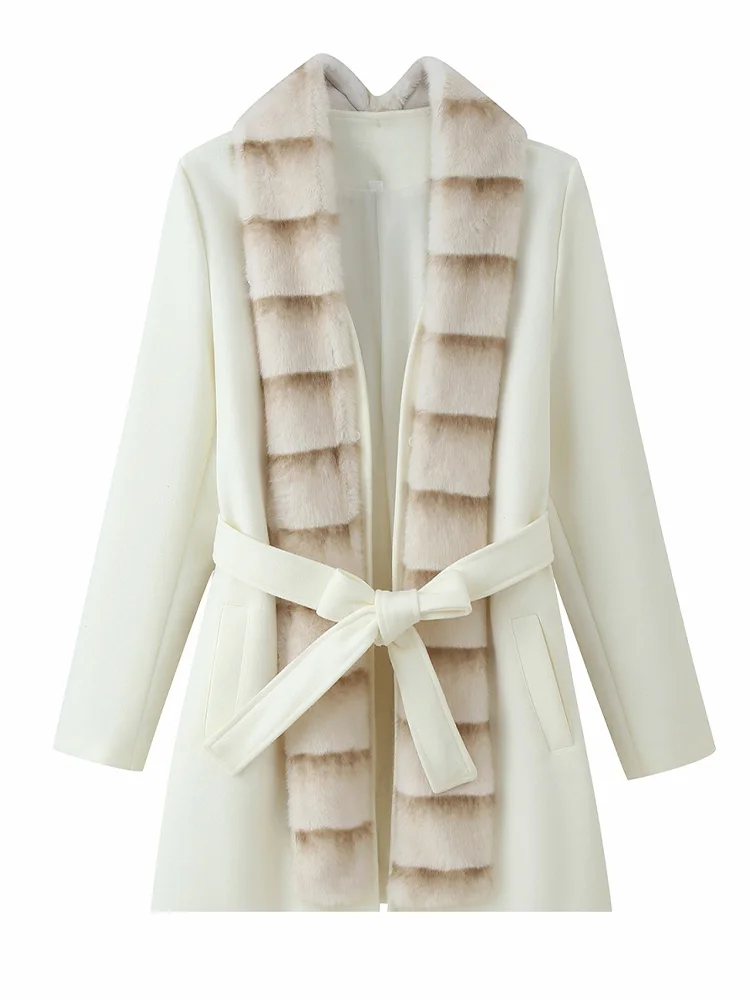 HH Woman Long Sleeves Fur Collar Belt Decoration Single Breasted Lapels Coat Female Autumn Leisure Pockets Long Woolen Coat