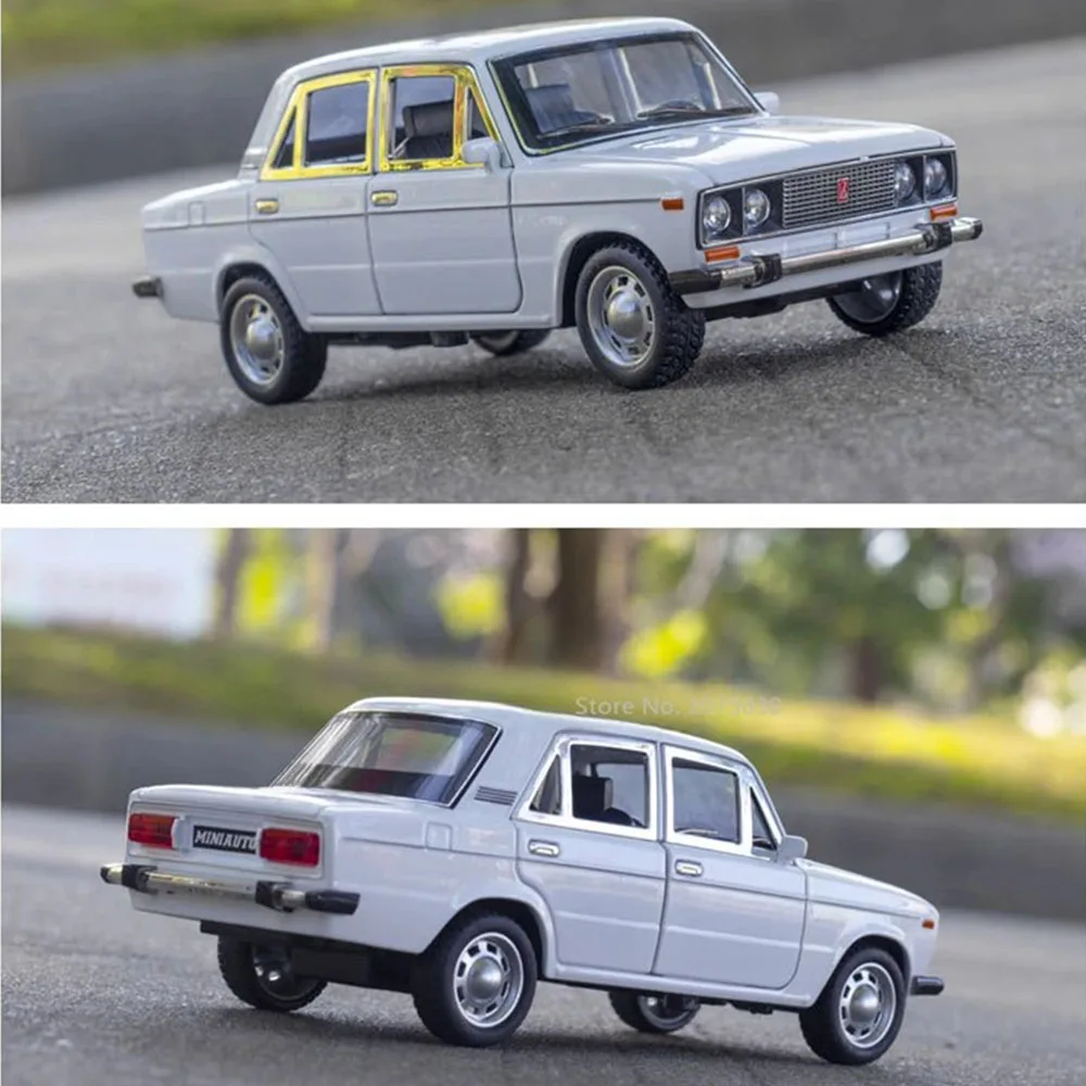 Modelos de coches de aleación LADA 2106, escala 1:24, juguete fundido a presión, vehículos ligeros con sonido, 4 puertas abiertas, coche Vintage, juguetes educativos para niños