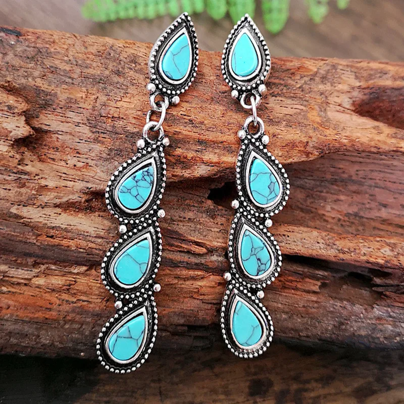 Boho Dangle Earrings for Women Vintage Turquoise Drop Earrings Ethnic Retro Pendant Ear Hook Beach Party Jewelry Gift