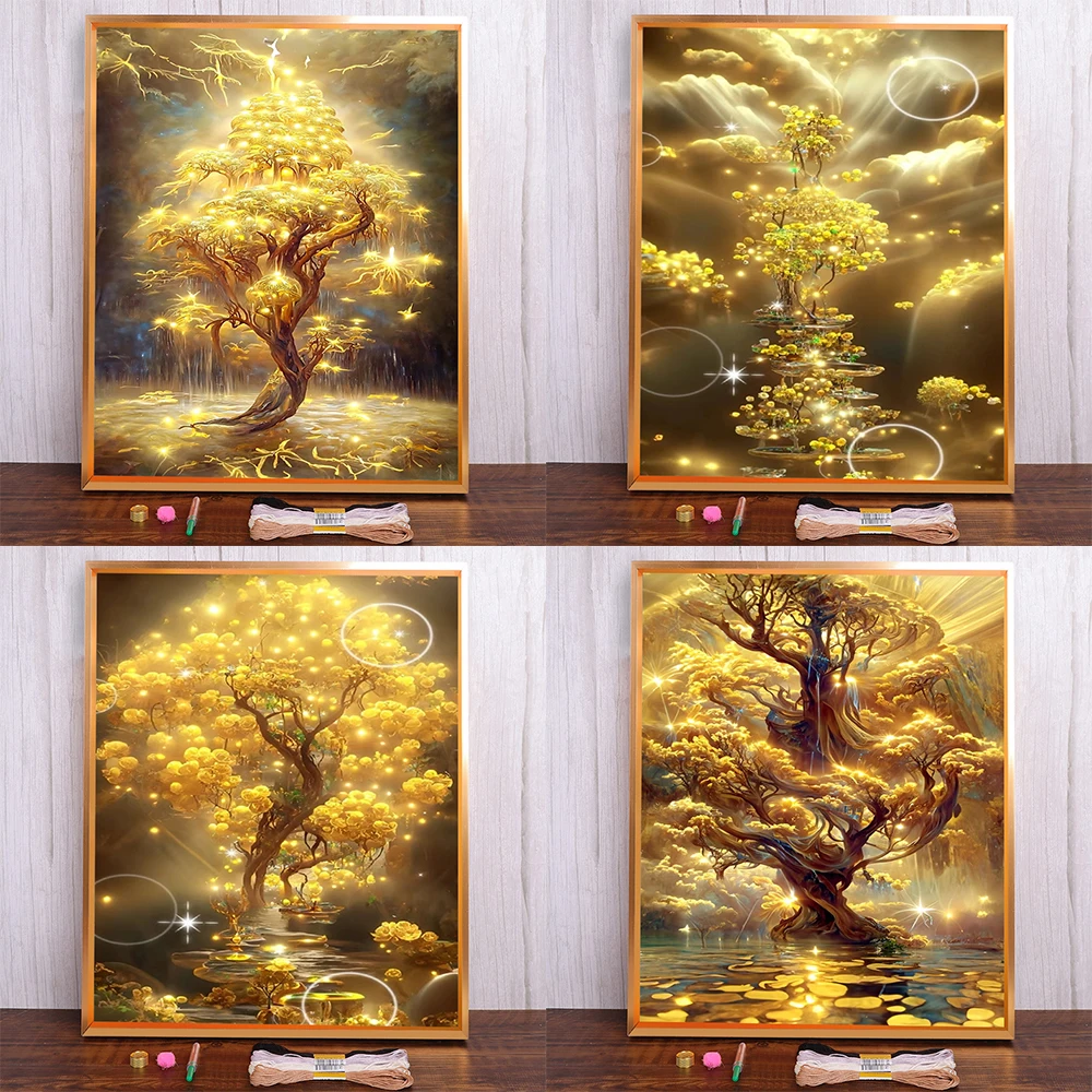 Fantasy Golden Tree Pre-Printed Cross-Stitch Set DIY Embroidery Handicraft Handiwork Painting Handmade Stamped Magic For Adults