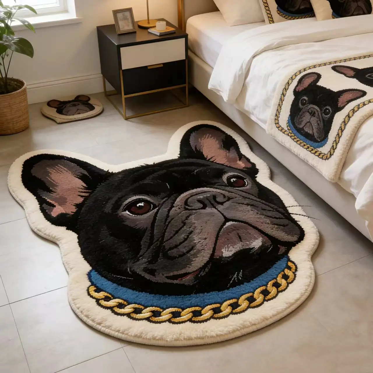 Tapete em Forma de Retrato de Bulldog Francês VIKAMA, Antiderrapante, Lavável, Tapete de Pelúcia Realista para Quarto de Cães, Decoração para Amantes de Animais