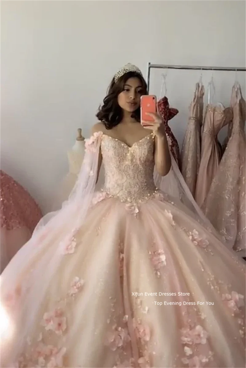 Xijun Baby Pink Ball Gown With 3D Flowers Sweet 16 Dress Embroidery Cape Ball Gown Beaded Long Sweet Frill Party Dress 2023