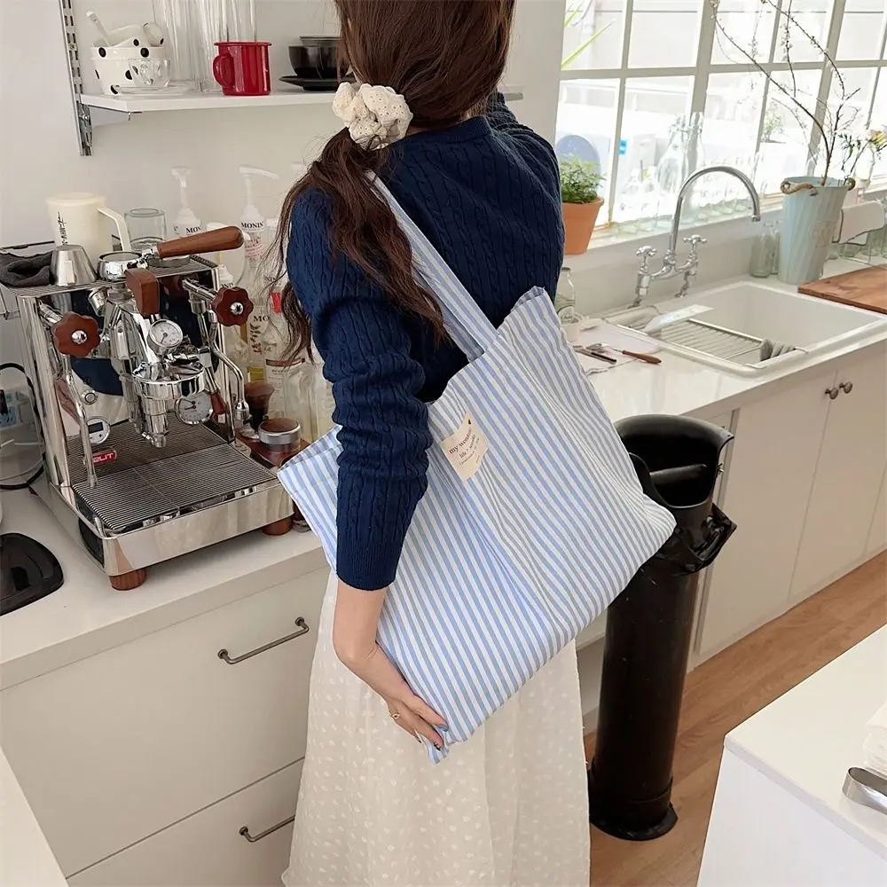 Fresh Color Strip Canvas Bag Korean Style Large Capacity Vacation Tote Bag Office Worker Tote Lightweight Eco Bag Shoulder Bag