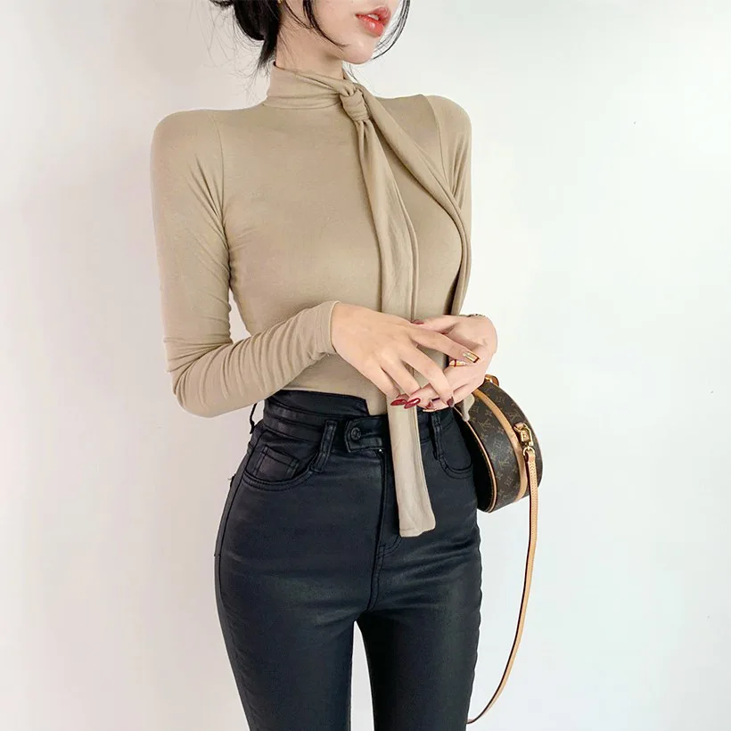 Women Sexy Solid Tee Autumn New Tight Chest T-shirt Sexy Transparent Ribbon Scarf Collar Long Sleeve Strecth Tops Female 55YB