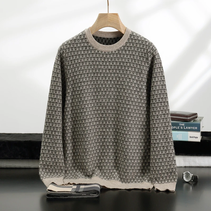 Men's Tops Autumn Winter Thickened Warm Pure Cashmere Knitted Pullover Sweater round Neck Embroidered Casual Hooded Base Shirt