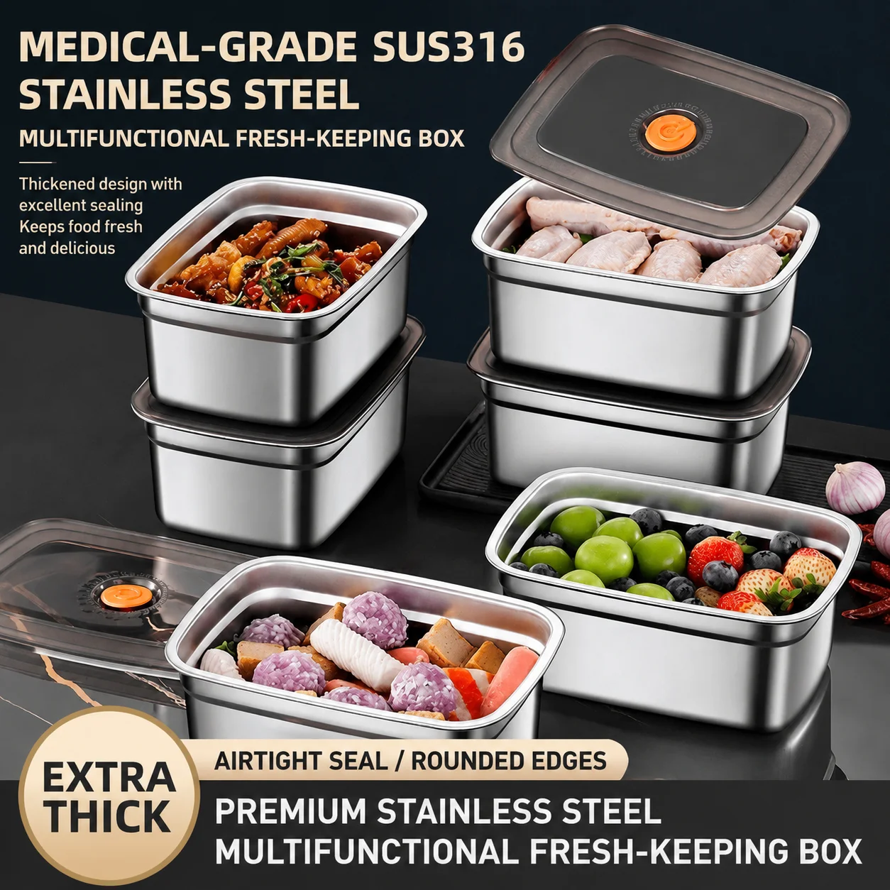 Food-Ggrade 316 Stainless Steel Food Storage Bbox- Suitable for Refrigerator Refrigeration a Sealed Box for Outdoor Portability
