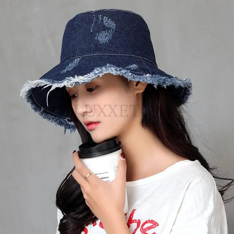 Women Summer Tassel Washed Denim Bucket Hats Fashion Ladies Wide Brim Foldable Panama Cap Outdoor Beach Fisherman Hat Unisex