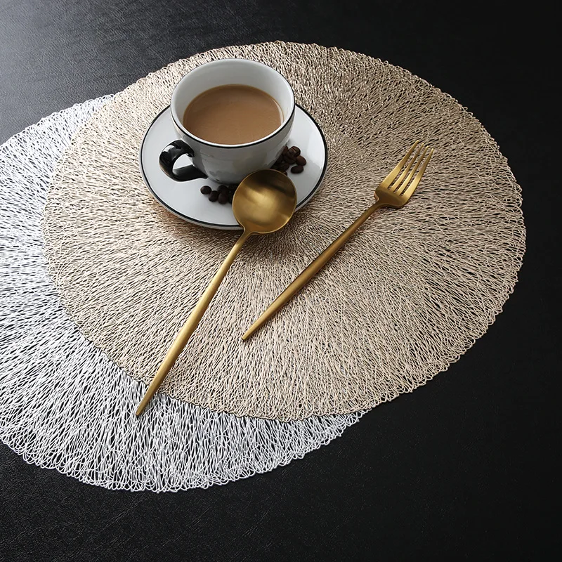 

6Pcs Gold Round Placemats Line Circle Metallic Pressed Vinyl 15" Kitchen Dining Table Mats Hollow Out Indoor Gold Decoration