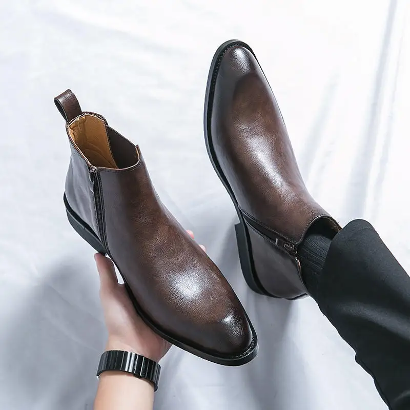 Retro Fashion Men Brown Shoes Pointed Leather Chelsea Boots Men High-top Dress Shoes for Men Footwear Zapatos De Vestir Hombre