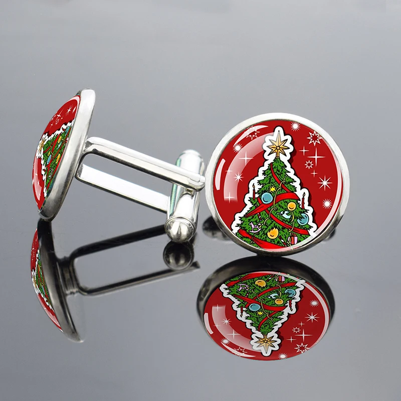 Creative Cufflinks Gift for Men Merry Christmas Glass Cabochon Gem Christmas Tree Snowman Cufflinks for Xmas Shirt Jewelry Gifts