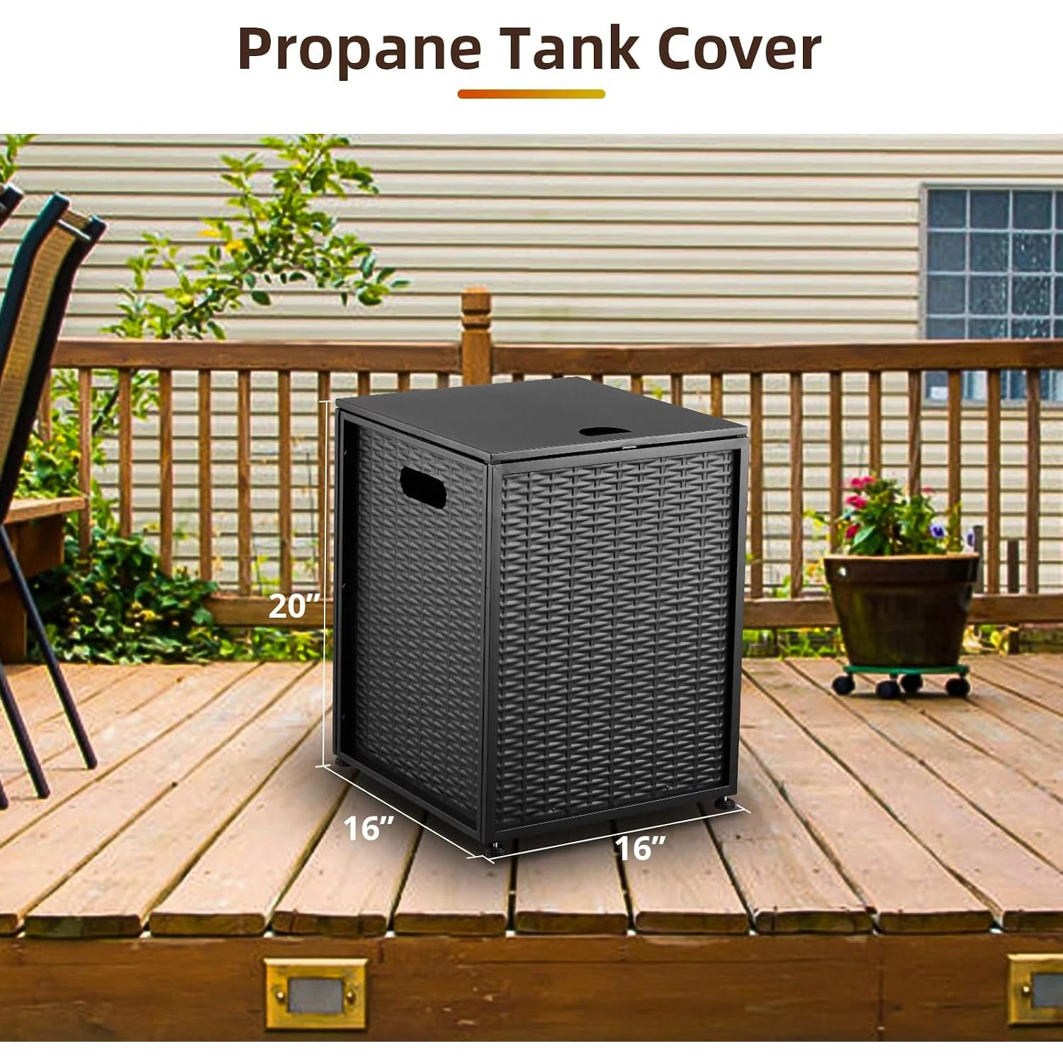 Outdoor Propane Tank Cover Side Table for Standard 20 Lb Tank Black Faux Rattan Steel Hideaway Cabinet with Top Access Side Handles and 4 Adjustable Feet for Patio Deck Fire Pit and Grill Areas view 3