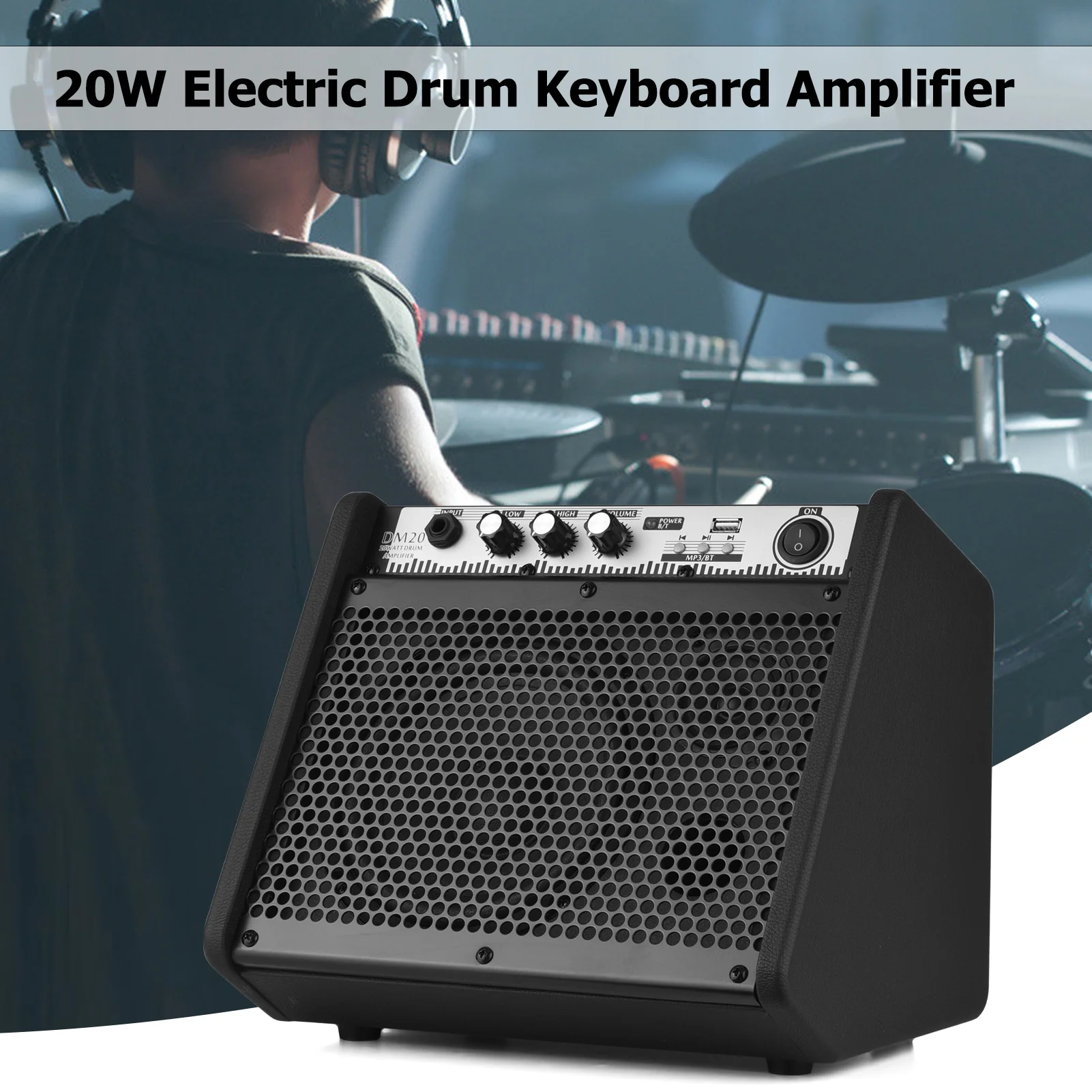 COOLMUSIC DM20 20W Electric Drum Amplifier Keyboard Amp Wireless BT Speaker 2-Band EQ Supports USB MP3 Player Function