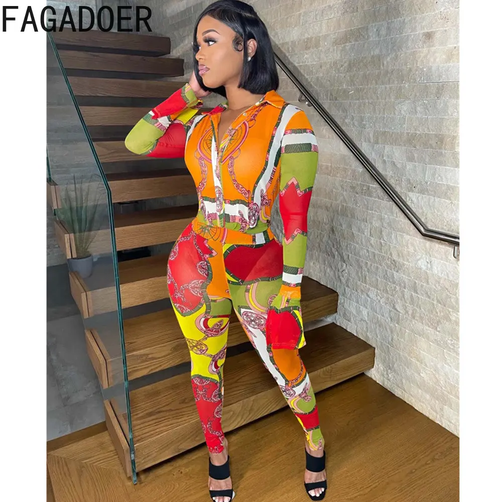 FAGADOER African Retro Print Jumpsuits Women Turndown Collar Button Long Sleeve Playsuits Sexy Slim Vintage Pattern Overall 2023