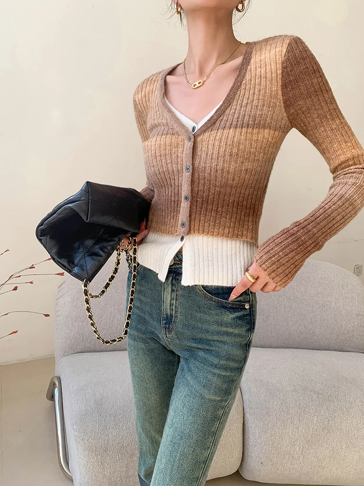 

JWUNIQUE V-Neck Long Sleeve Knitted Open Cardigan Women's Slim Fit Top Fashionable Design Spring Autumn Polyester Blend