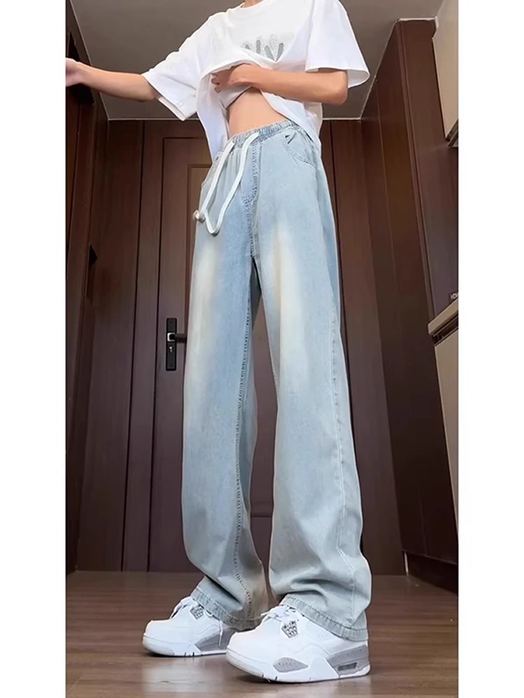 

Голубые джинсовые джинсы из ледяного шелка, мужские летние тонкие драпированные подростковые брюки небольшого размера, широкие брюки CleanFit, свободный прямой крой