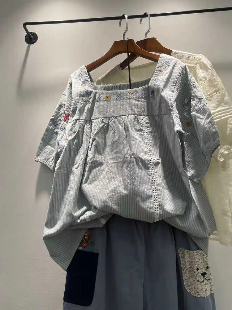 

Лето 2024, женские милые рубашки из чистого хлопка ort Sve irt с квадратным воротником и вышивкой, свободный крой в полоску с рисунком, корейский ретро