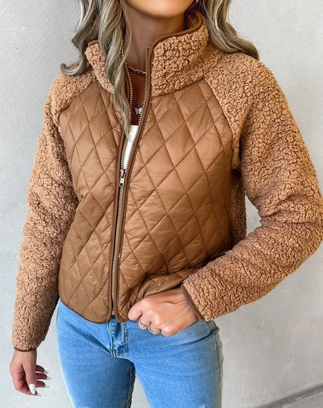 2023 Autumn Winter Spring New Fashion Casual Zipper Design Patchwork Teddy Puffer Coat Elegant Female Clothing Outfits