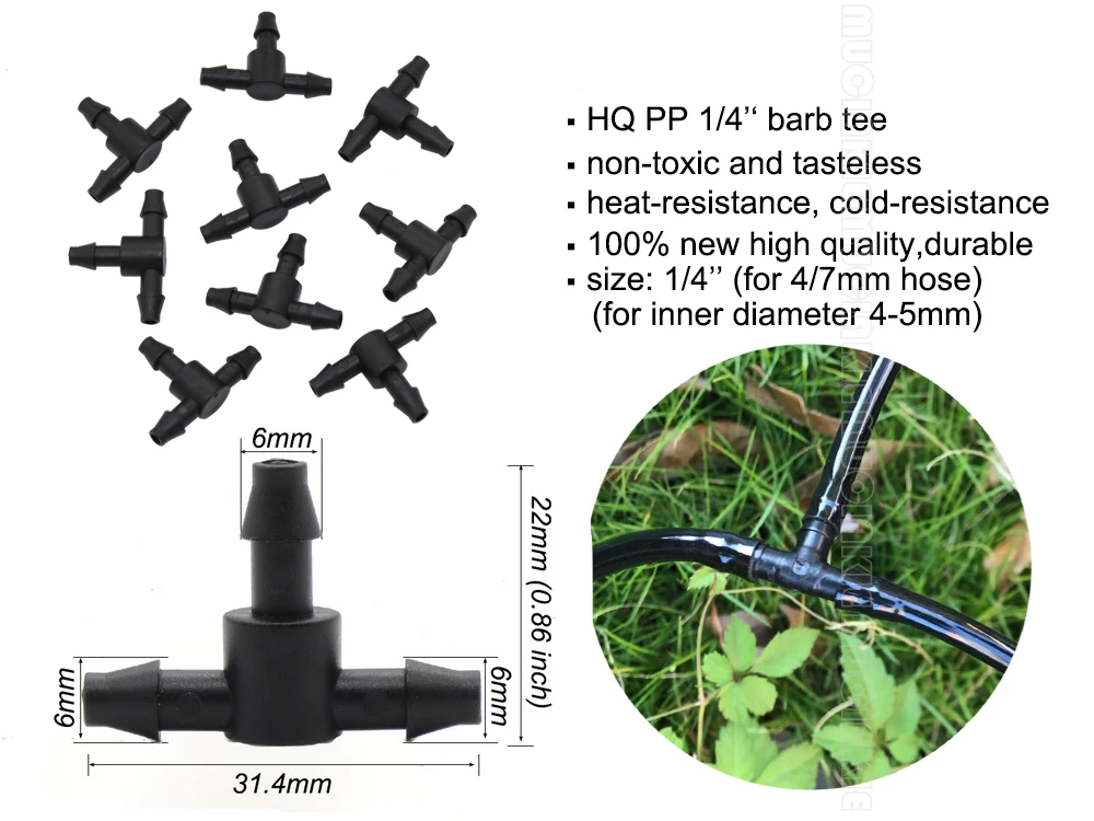 MUCIAKIE 50PCS Barb Tee Piece 3 Way 4/7mm Connector Garden Watering Pipe Hose T Joint Micro Drip Irrigation Tool 1/4\'\' Couplings