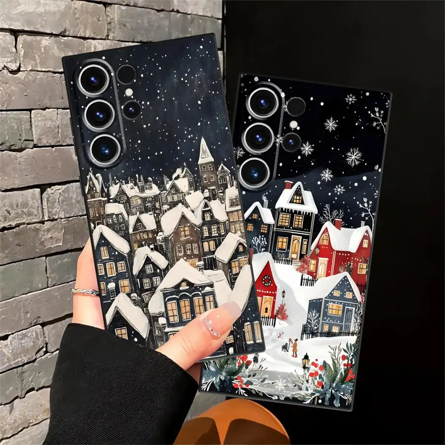حافظة لهاتف سامسونج جالاكسي S21 FE S23 Ultra S25 Edge S20 S24 Plus غطاء هاتف ناعم أسود لأيام عيد الميلاد الثلجية