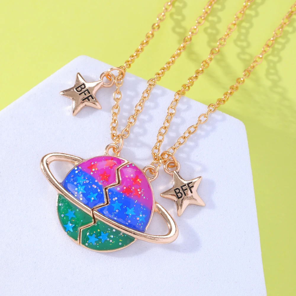 2 Pcs Glitter Enamel BFF Charm Necklace Set Matching Earth Best Friends Pendant Chain For Girls Soul Mate Space Friendship Gift