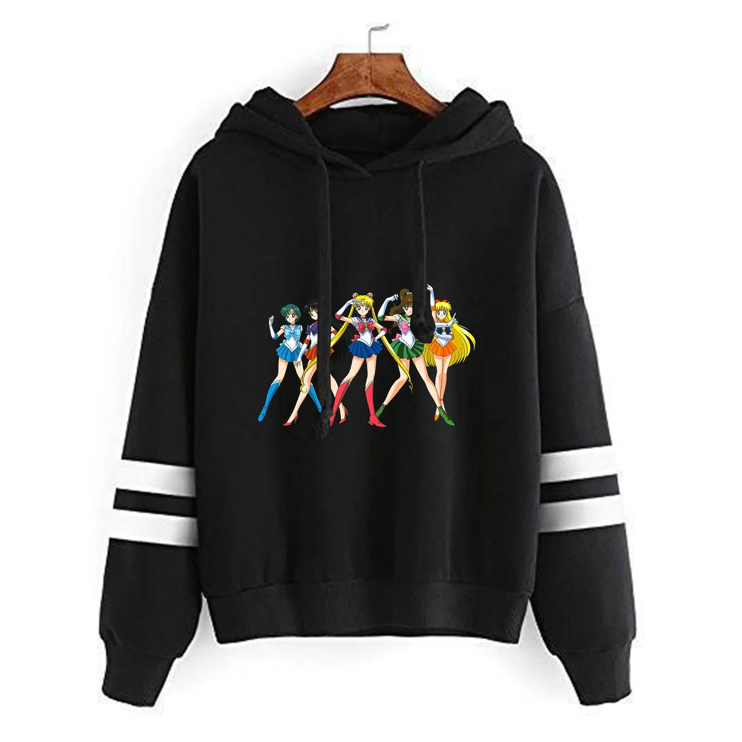 Sailor Moon Hoodie for Women White Black Long Sleeve Anime Printed Hooded Striped Sweatshirt Y2k Casual Sporty Adult Clothing