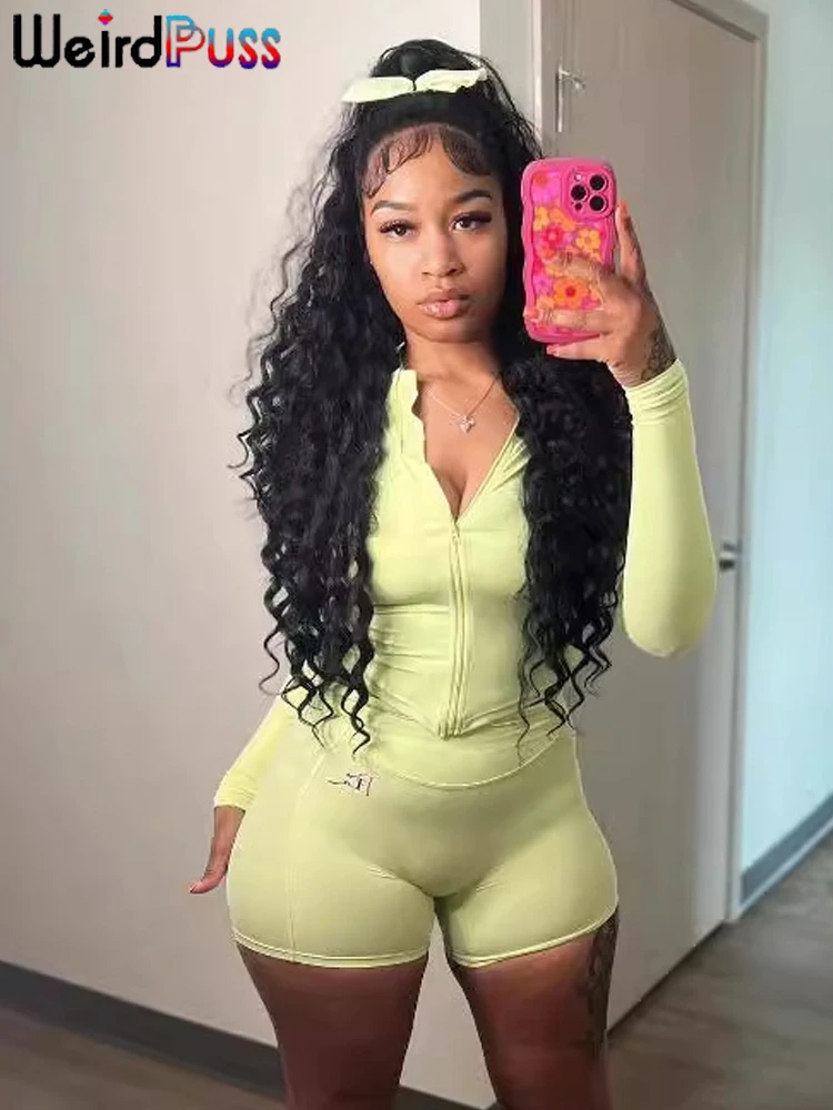 

Weird Puss Casual Sporty 2 Piece Set Women Zipper Turtleneck Long Sleeve Jacket+Solid Skinny Workout Shorts Trend Stretch Suit