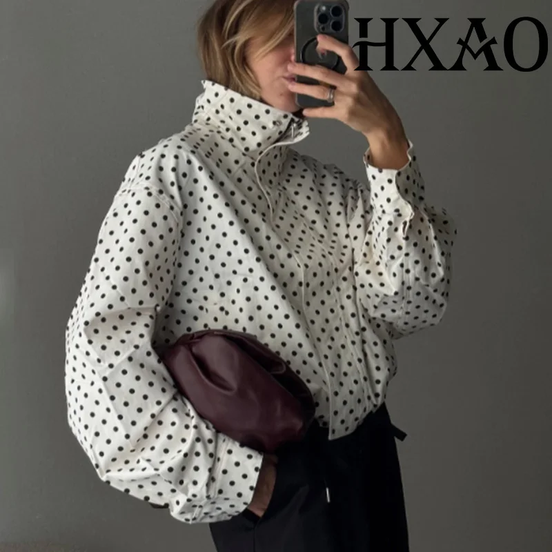 HXAO Women's Jackets Polka Dot Bomber Jacket Cropped Coat Demi-Season Long Sleeve Windbreak New In Jackets Oversize Outerwear