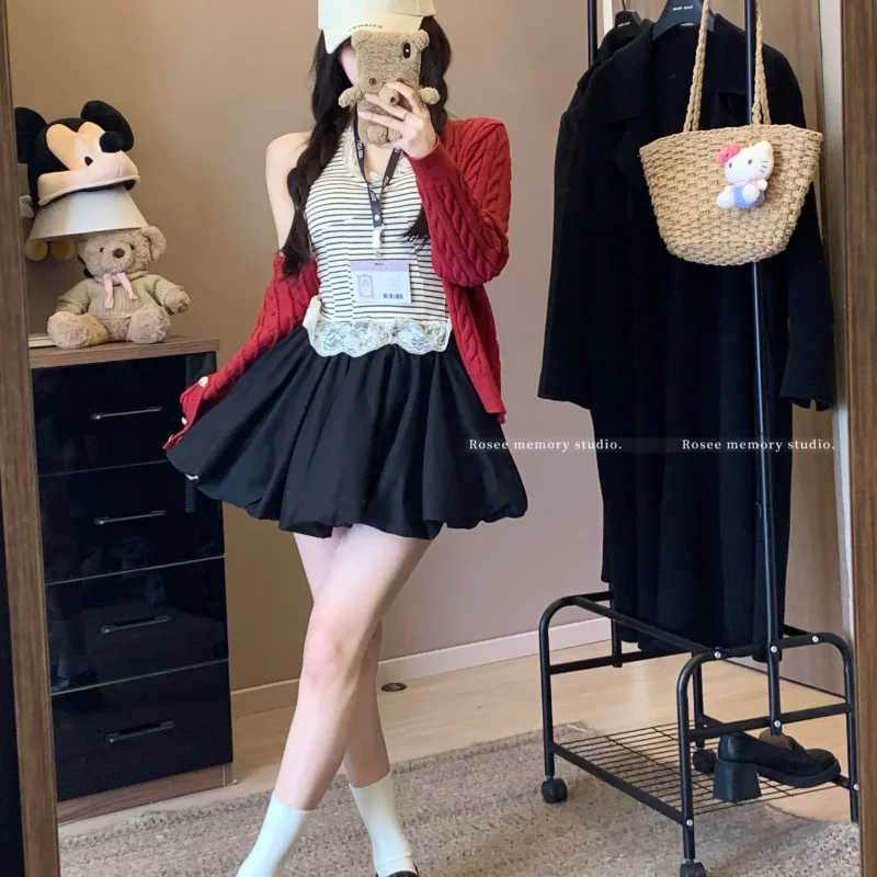 Women's Gray Black Plaid Pleated Mini Skirt High Waist Fluffy Casual Daily Short Skirt