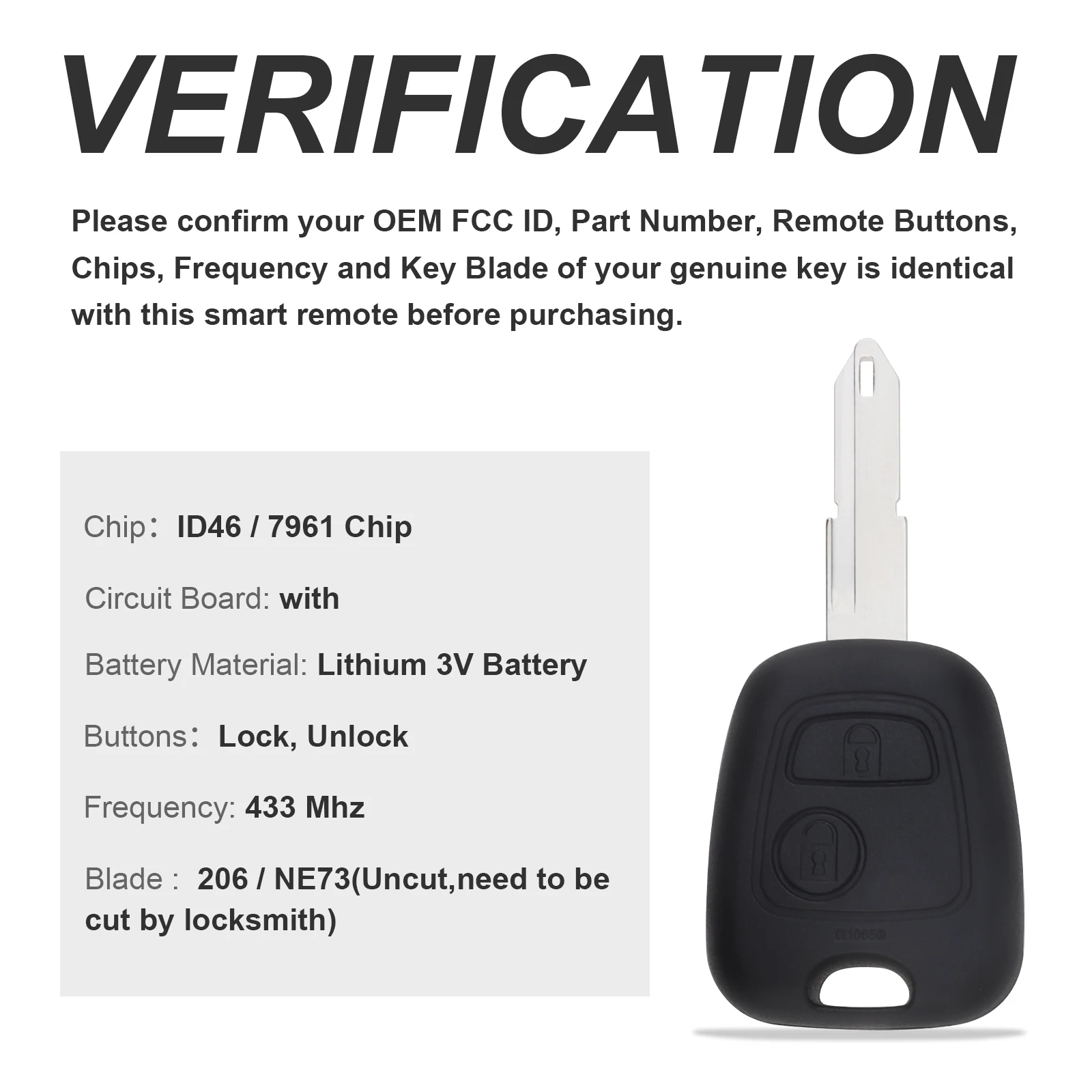 433MHz 2 Buttons Uncut Flip Car Key Fob Keyless Entry Remote Replacement Fit for Peugeot 206 /306/405 Models 2007-2017 ID46 Chip