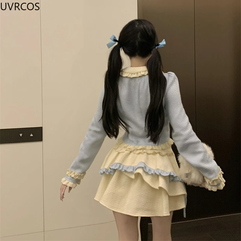 Blue Kawaii Lolita Style gonna Set donna Sweet Bow Peter Pan Collar giacche corte cappotto Slim minigonne abito moda coreana 2024