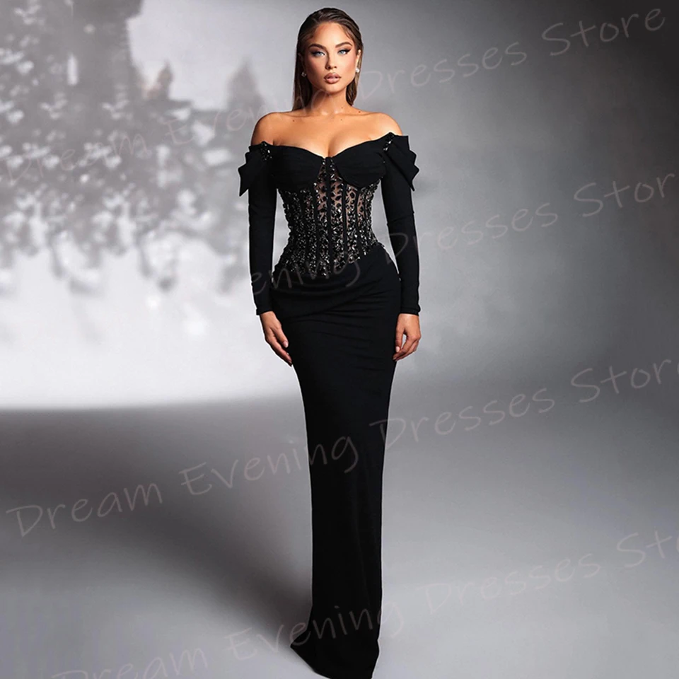 Fashionable Black Women's Mermaid Classic Evening Dresses Charming Off The Shoulder Prom Gowns Long Sleeve Robe De Soiree Femmes