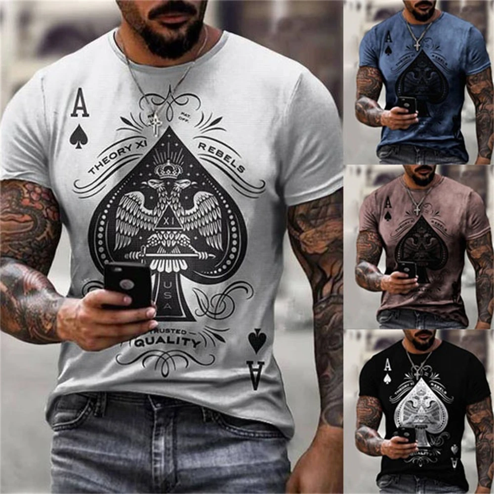 2024 Summer Anime Men\'s T-shirts Street Punk Poker Ace of Spades Clothes 3D Printing Street Fashion Oversize Short-Sleeved Shirt