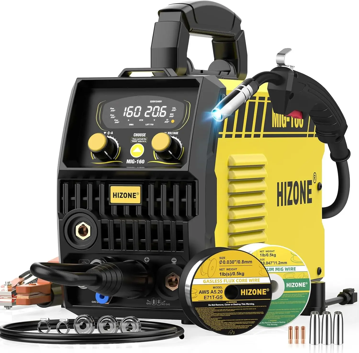 

Сварочный аппарат 160А, 110В/220В, 6-в-1: для алюминия, MIG, Flux Core, Lift TIG, Stick, мультипроцессный, синергетический, идеален для начинающих