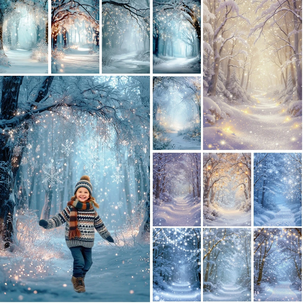 

MOON.QG Dreamy Snowy Forest Photo Background Golden Winter Fairy Forests Backdrops Photography Family Party Photobooth Studio