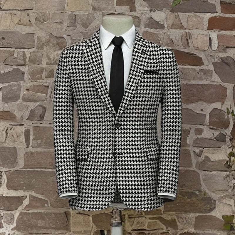 American Style Plaid Formal Men Suit Jacket for Wedding Groom 1 Piece Notch Lapel Slim Fit Houndstooth Male Tuxedo Blazer 2024