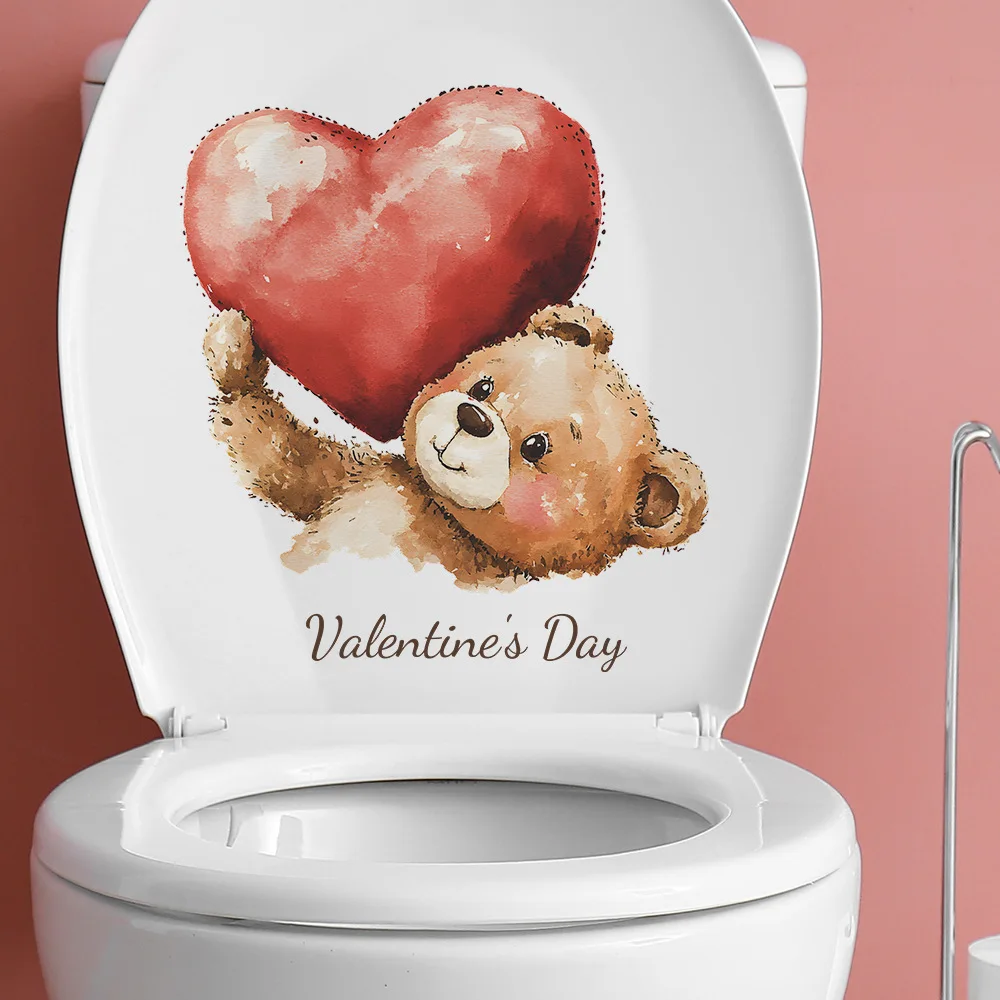 

Valentine's Day Painted Love Bear Wall Sticker For Bathroom Toilet Decoration Mural Room Cabinet Home Decor Self-adhesive Decals