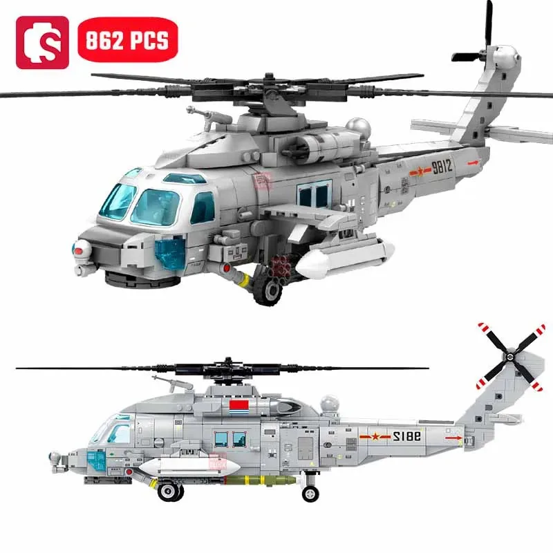 SEMBO 862 Piezas, Bloques de Construcción de Helicóptero Tipo Z-20 de la Armada, MOC, Avión de Combate Armado, Modelo de Soldados, Ladrillos, Juguetes para Niños, Regalos para Niños