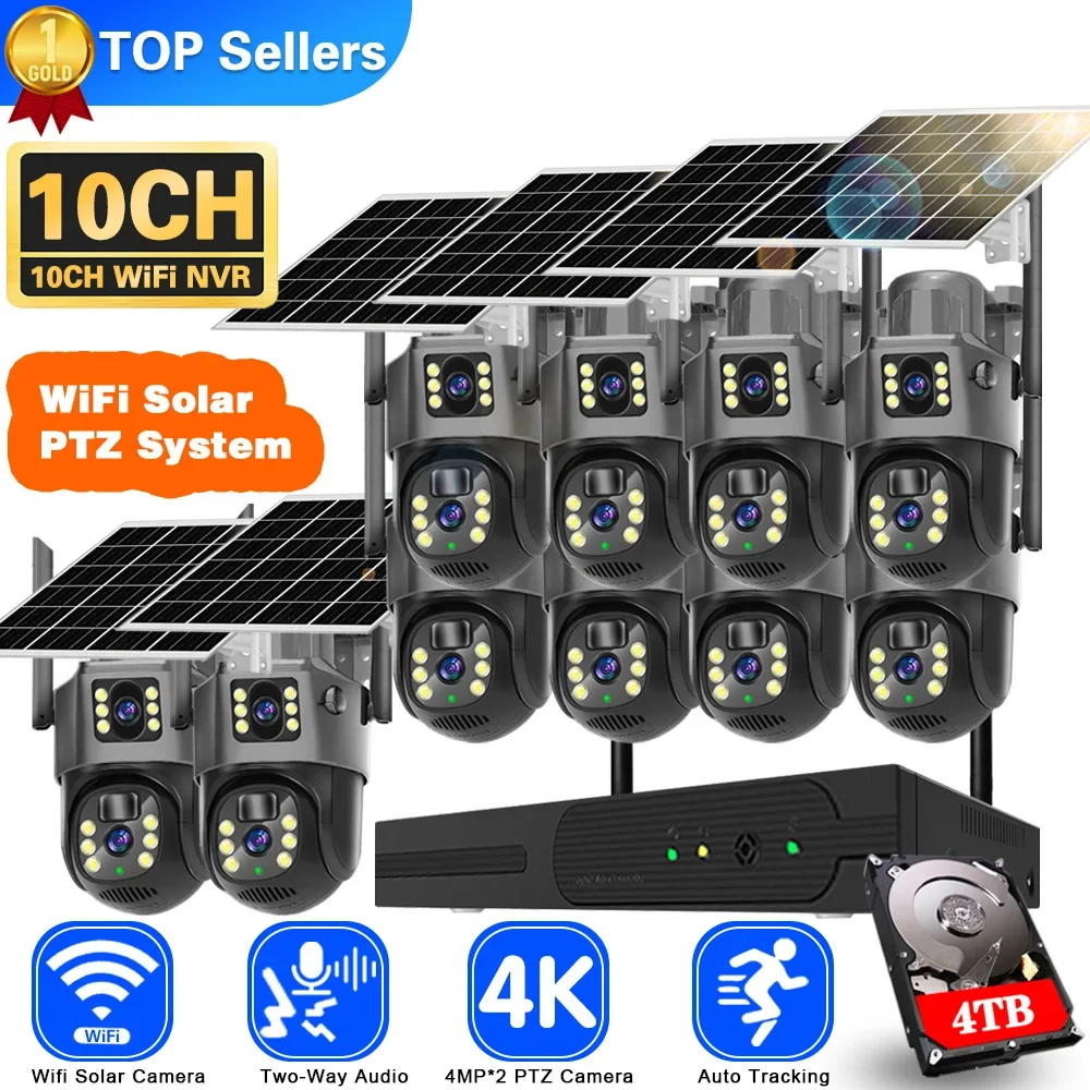 

4K 8MP Wifi Dual Lens PTZ Solar BatteryCamera Video Surveillance 10CH 5MP Wireless NVR Outdoor Auto Tracking Security Cam System