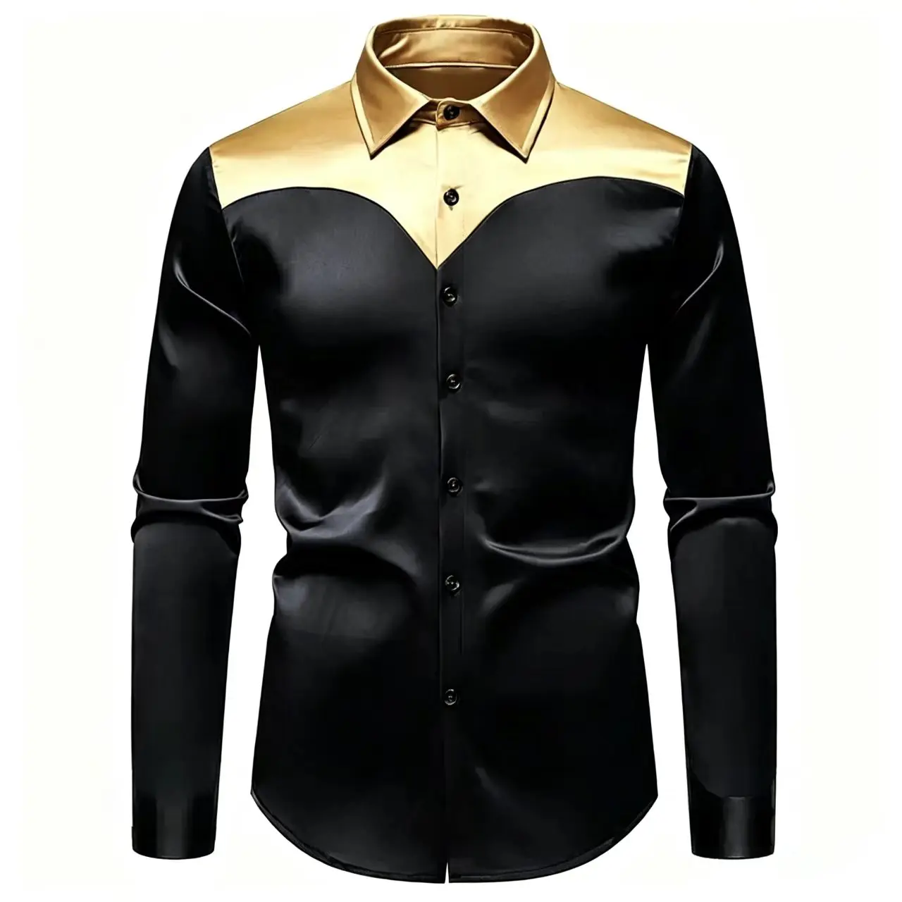 Luxury Smooth Satin Mens Long Sleeve Shirt, Dark Fashion Casual Top Ideal For Wedding, Graduation Party And Business Wear