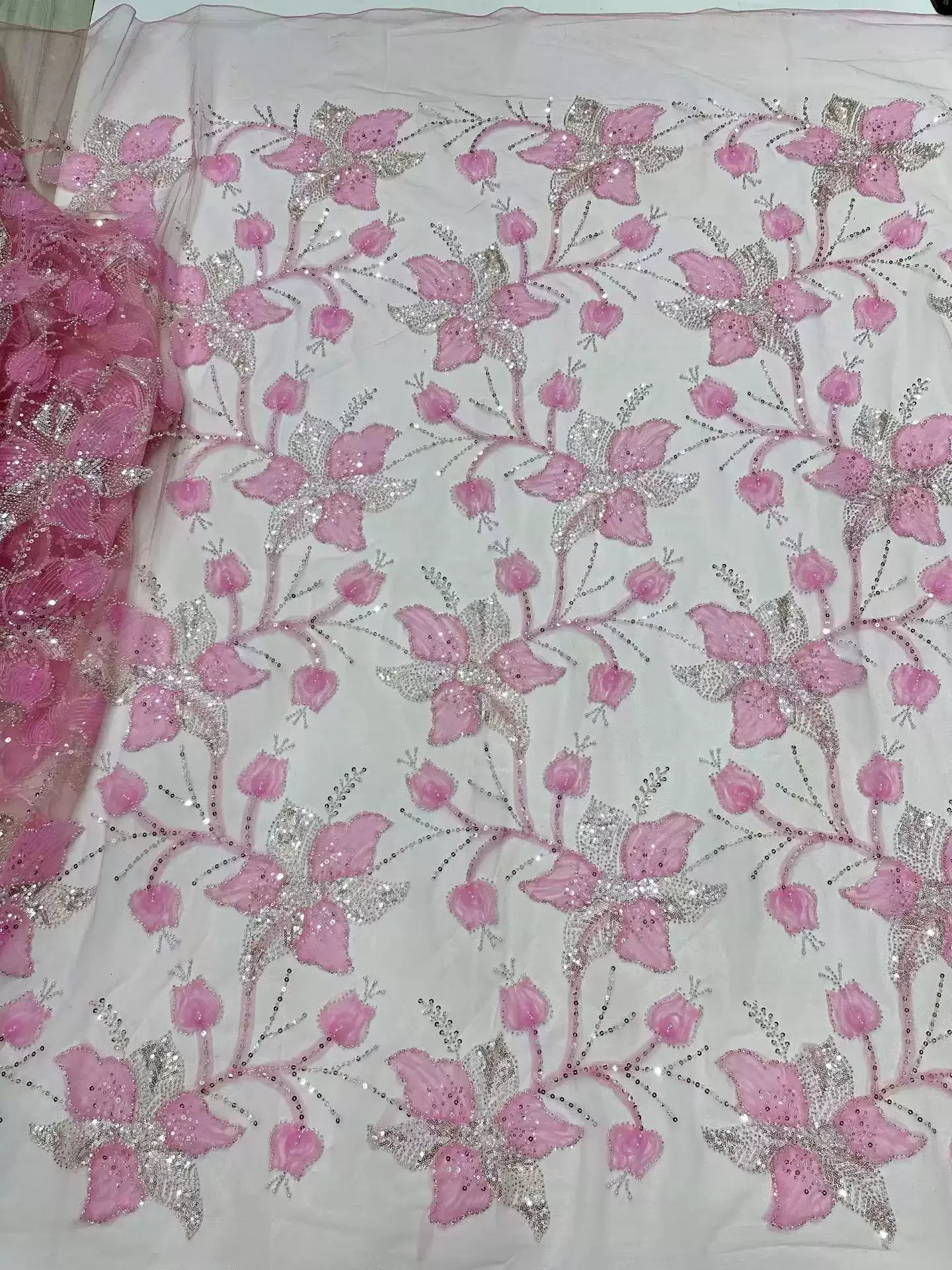 5yard soft mesh fabric Pearl tube sequin flower embroidery telas con bordado Wedding veil dress diy fabrics for patchwork