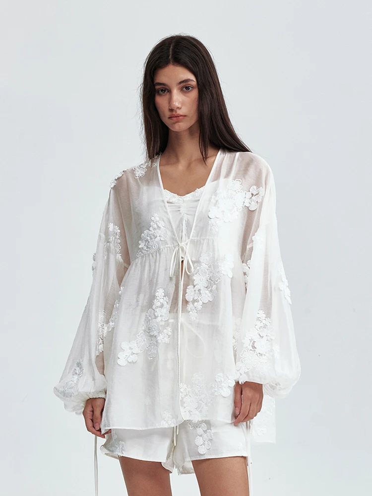 

French Sle Loose Fit Lantern Sve Cardigan Pure White Embroidered Belted Lightweight Transparent Floral 3D Design Women's...