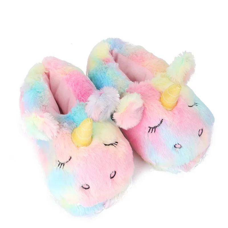 Women's Winter Cotton Shoes Cute Cartoon Unicorn Slippers Casual Warm House Shoes Ladies Plush Slides Female Furry Flip Flops