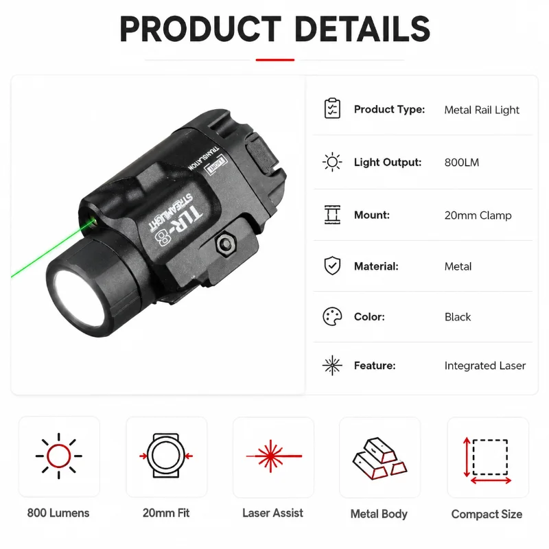 800LM TLR‑8 Decorative Model Light Metal Body 20mm Rail Clamp Red Green Hobby Fitting