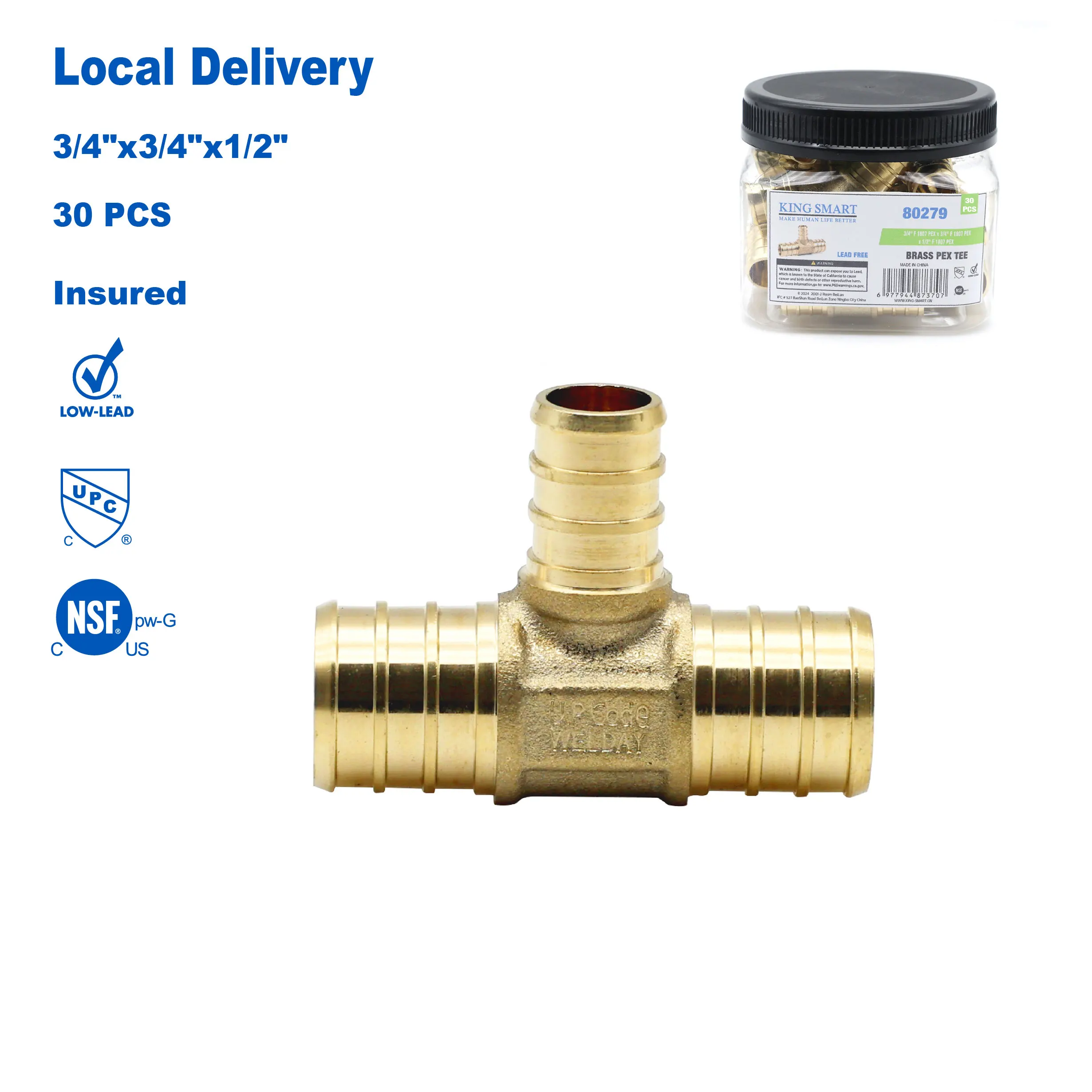 

KING SMART 3/4" * 3/4" * 1/2" Crimp/F1807 PEX Tee; for PEX B/C, PERT Pipe Installation; Lead Free Brass; 30Pcs/Case; 80279