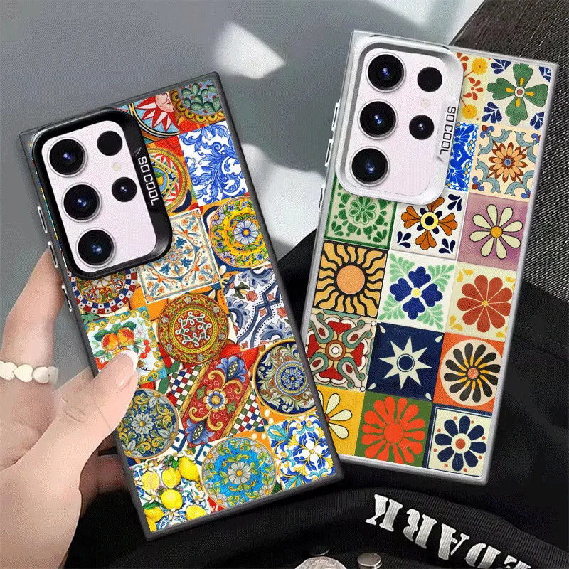 Italian Sicilian Style Floral Pattern Shockproof Phone Case for Samsung Galaxy S26 Edge S25 Ultra S24 FE S23 Plus S21 Cover Anti