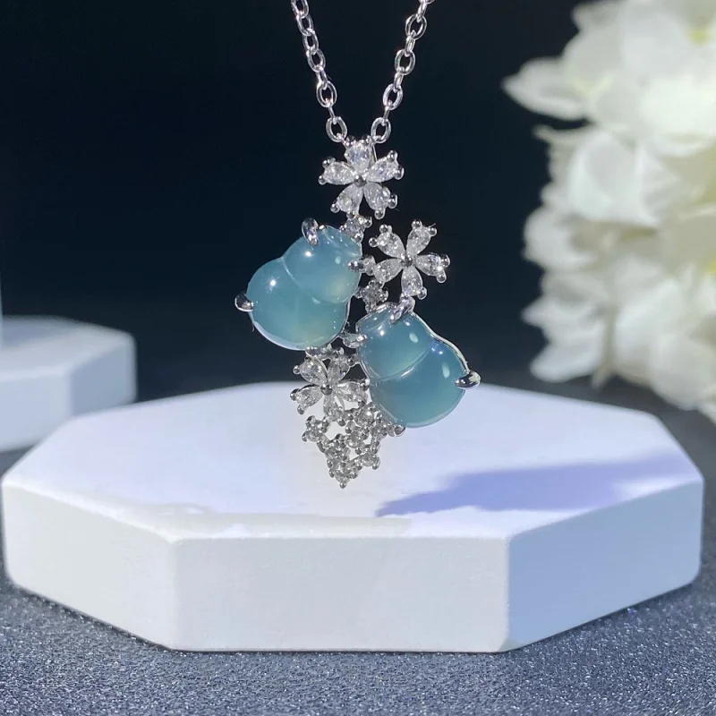 

Natural dangerous material Blue Jade calabash pendent s925 sterling silver inlaid fashionable all-match necklace