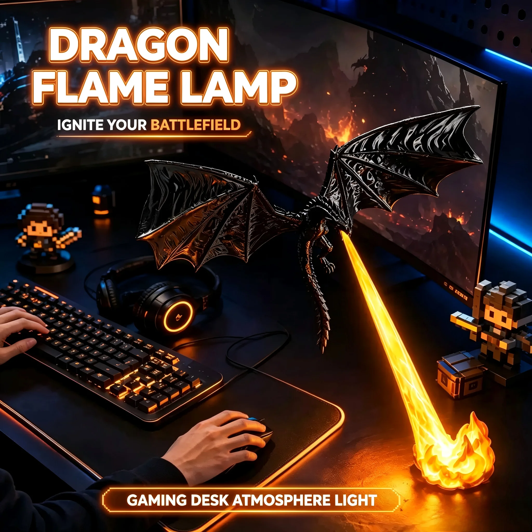 Halloween 3D Flying Fire Dragon Bookshelf Nook Light Dragon Flame Decor Statue Gothic Home Desktop Ornament Unique Holiday Gift